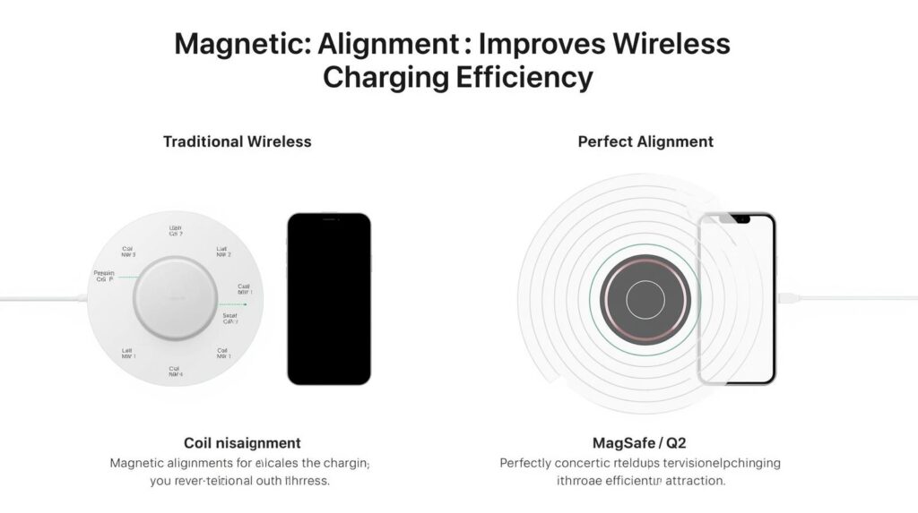 Comparison of traditional wireless charging coil alignment vs MagSafe and Qi2 magnetic alignment