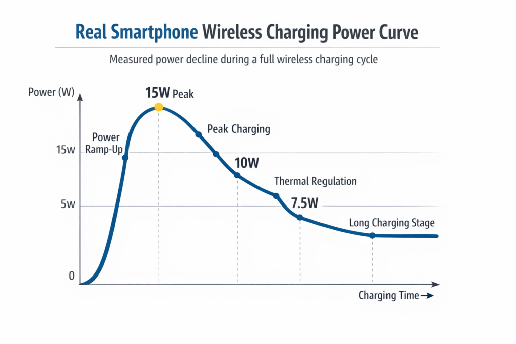 Smartphone wireless charging power curve showing peak power and thermal power reduction