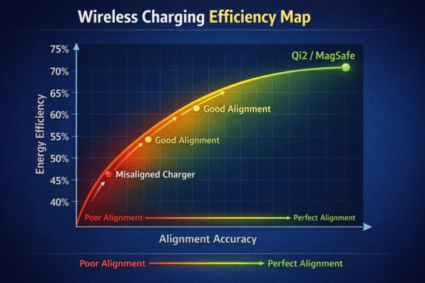 Smartphone wireless charging power curve showing peak power and thermal power reduction