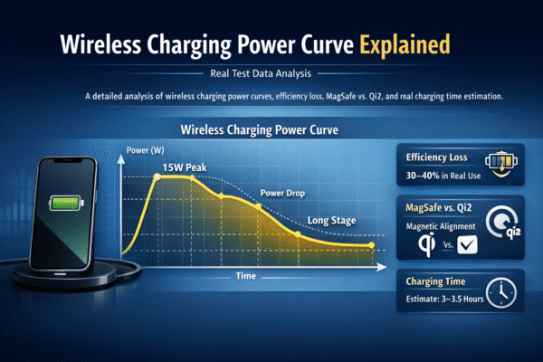 Smartphone wireless charging power curve showing peak power and thermal power reduction