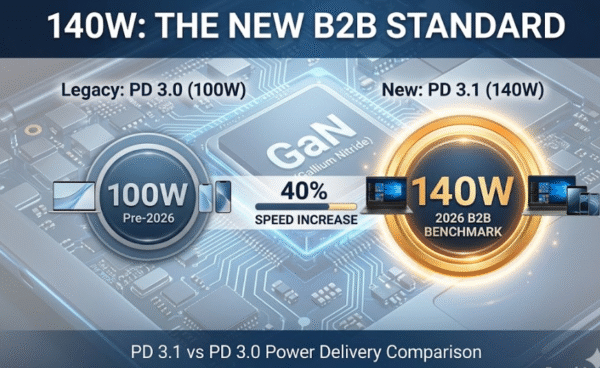 PD 3.1 140W vs PD 3.0 100W power delivery comparison chart for B2B laptop power bank sourcing 2026. Highlighting GaN 5 technology and Mobile Workstation compatibility.