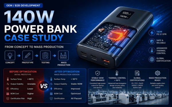 140W power bank OEM case study showing internal structure, thermal design, and mass production process