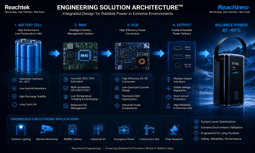 Reachinno engineering solution architecture diagram showing battery cell, BMS, PCB and output stages
