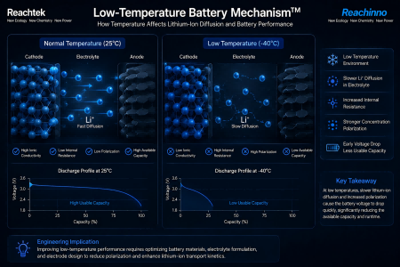 Reachinno low-temperature battery mechanism diagram showing lithium-ion diffusion and electrolyte performance at -40°C