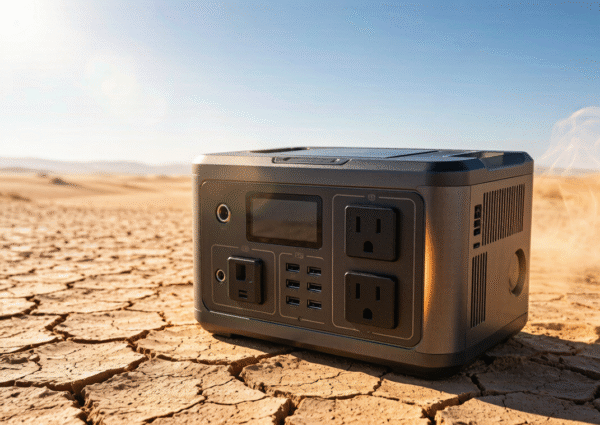 Outdoor portable power on cracked desert sand under intense sunlight
