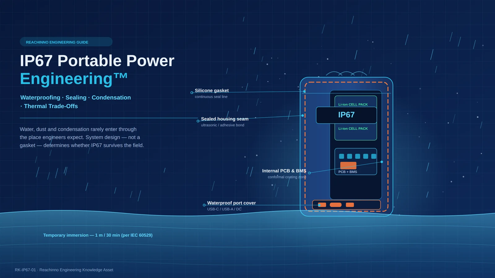 IP67 portable power engineering: portable power unit exposed to rain, water droplets and dust, shown with an engineering cutaway of the sealing system and internal layout