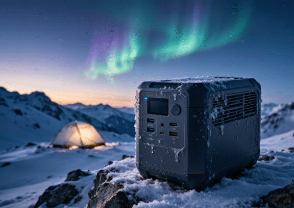 Outdoor portable power on snowy mountain ridge with aurora borealis