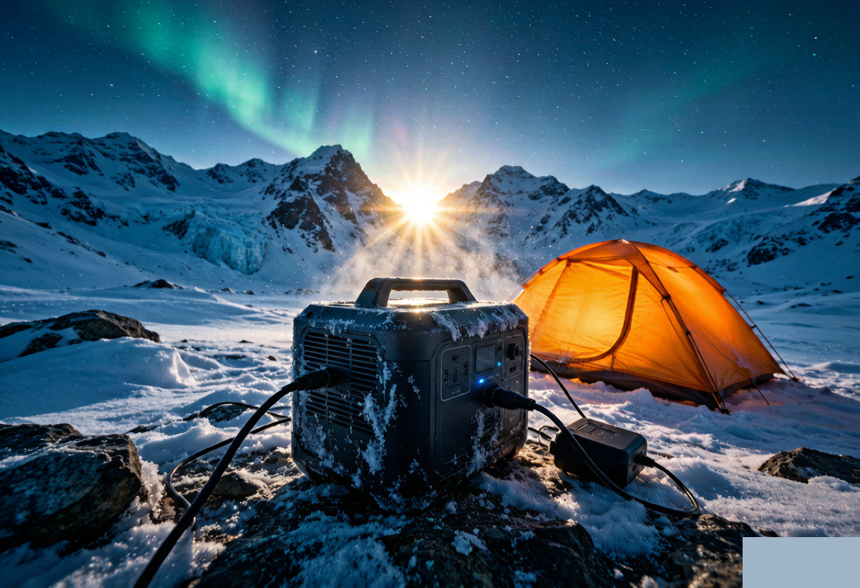 Outdoor portable power in 2026 — portable power station in a snow mountain camp with tent, aurora, and sunrise at -40°C