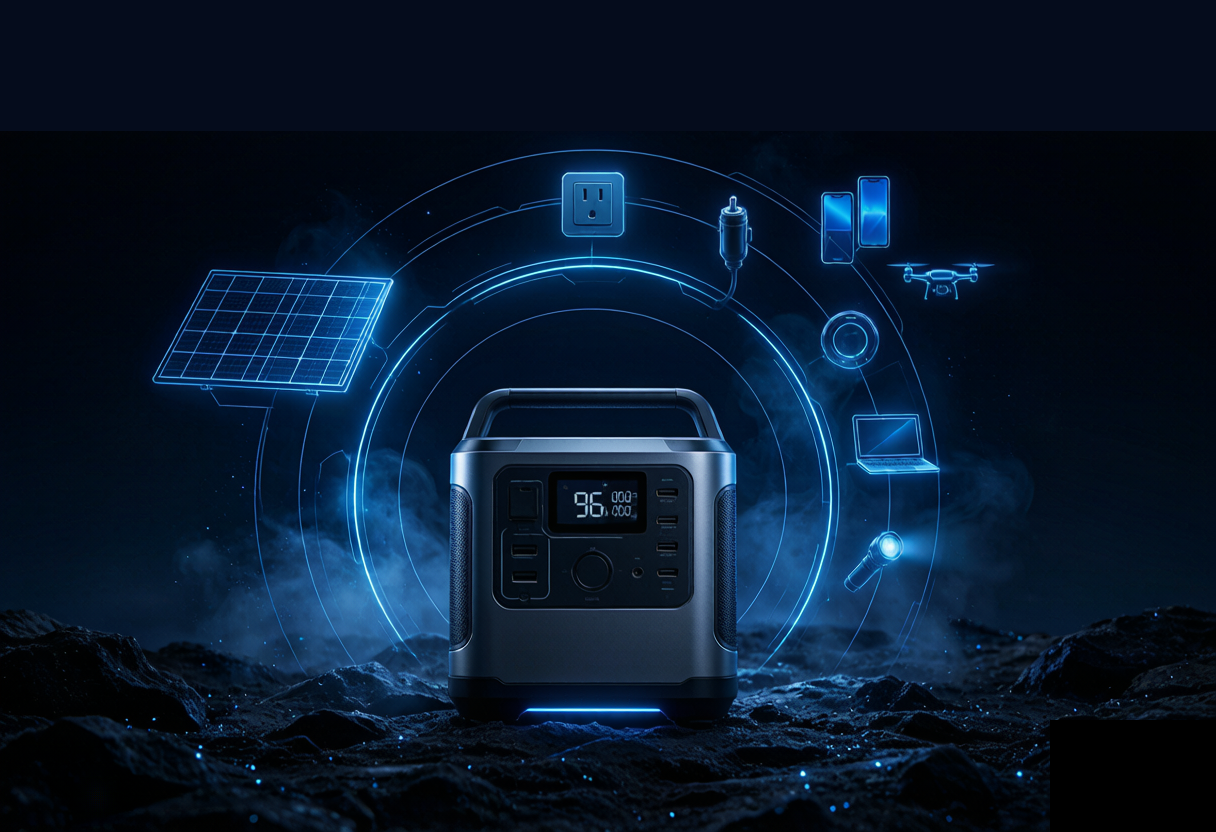 Reachinno Outdoor Energy Ecosystem — portable power station at center with solar panel, AC wall outlet, car charger and devices connected via glowing concentric rings