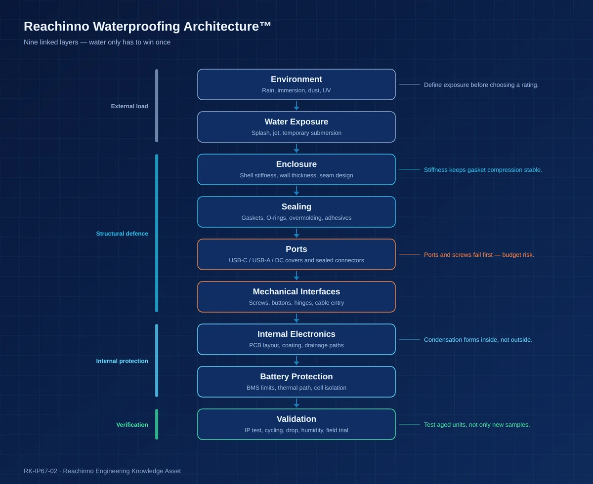 Reachinno Waterproofing Architecture: environment, water exposure, enclosure, sealing, ports, mechanical interfaces, internal electronics, battery protection and validation