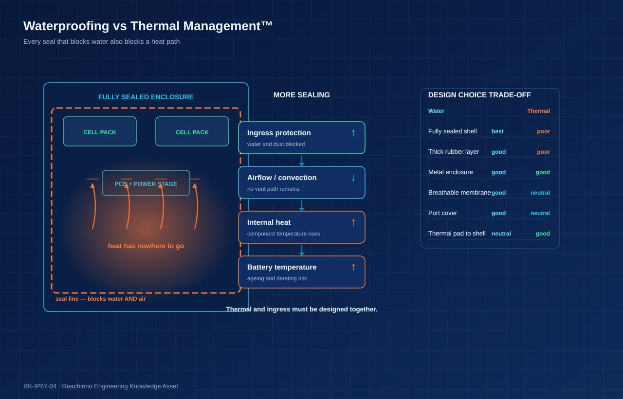 Waterproofing vs thermal management: a sealed enclosure raises ingress protection while reducing airflow and increasing heat accumulation
