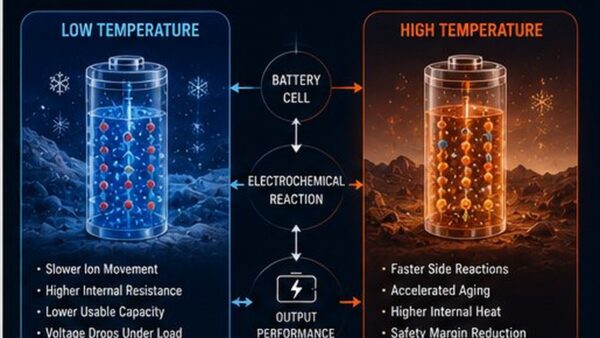 Battery performance mechanism comparison under cold versus high temperature conditions for portable power systems
