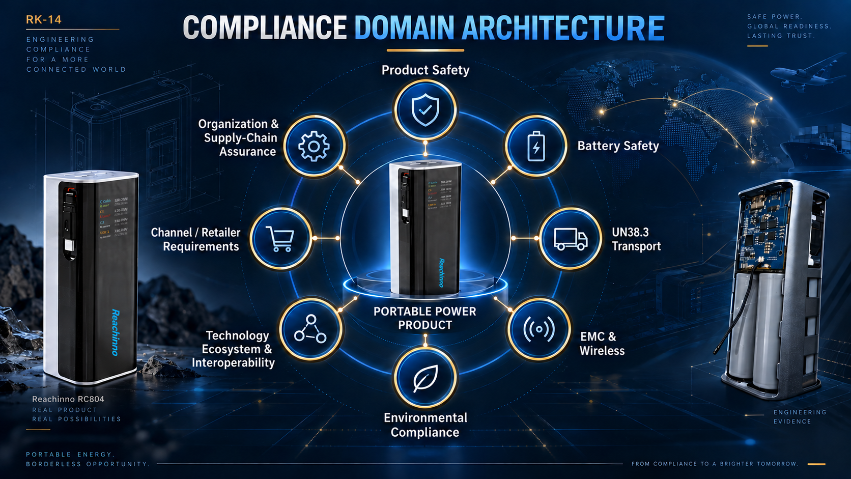 RK-14 eight portable power compliance domains including safety, transport, wireless, environmental and supply-chain assurance.