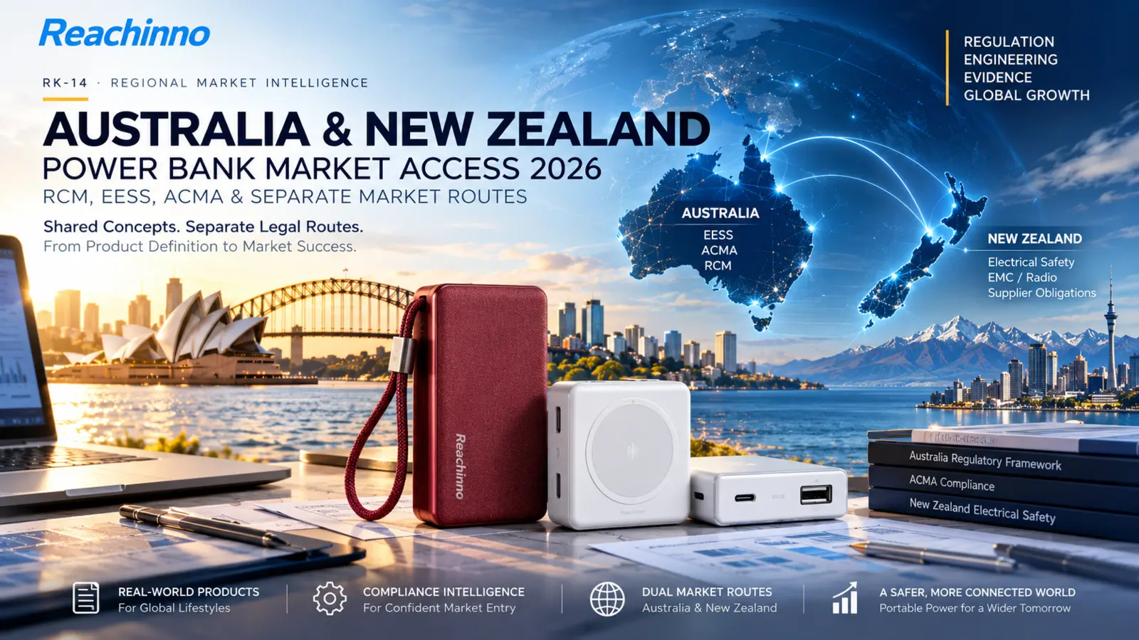 Reachinno Australia and New Zealand power bank market access 2026 feature image showing RK-14 regional market intelligence, RCM, EESS, ACMA and separate market routes.