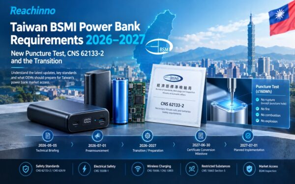 Taiwan BSMI power bank requirements 2026-2027 with puncture test and CNS 62133-2 timeline