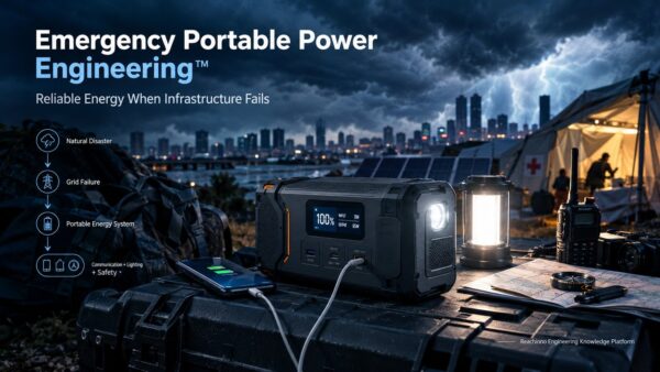 Emergency portable power engineering: portable power bank deployed during grid outage and storm conditions, powering communication, lighting and safety devices
