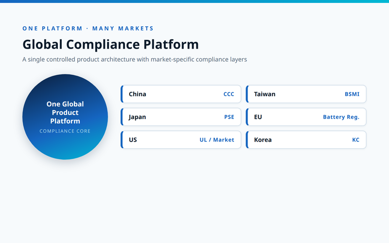 Global compliance platform showing one product platform with market layers for China CCC, Taiwan BSMI, Japan PSE, EU Battery Regulation, US UL and Korea KC