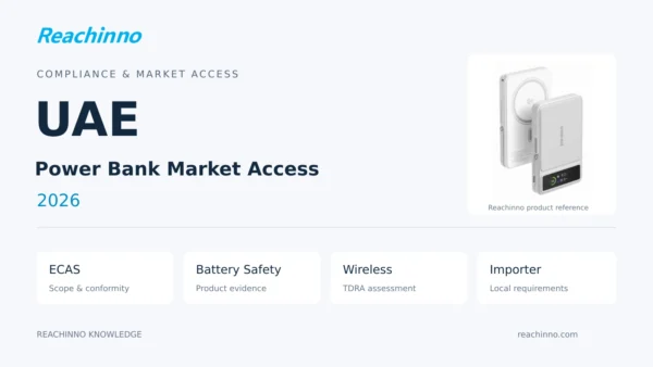 UAE power bank market access 2026: ECAS, battery safety, wireless and importer requirements, with a Reachinno power bank.