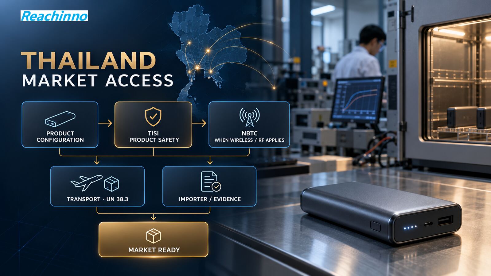 Thailand power bank market access architecture showing TISI product safety, NBTC wireless triggers, UN 38.3 transport, importer evidence and market readiness.