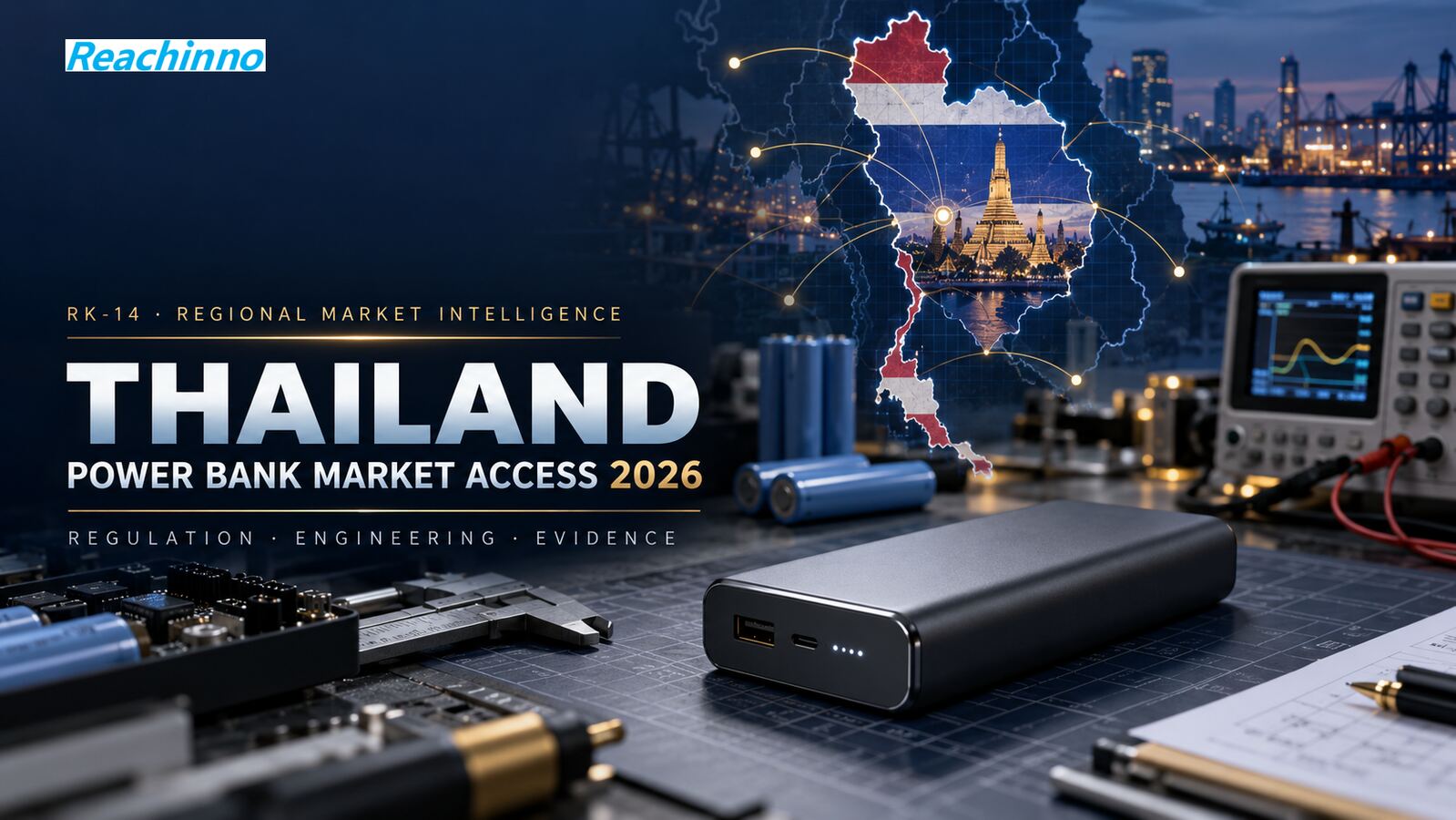 Reachinno Thailand power bank compliance framework showing TISI product safety, wireless triggers, transport evidence and market access planning.